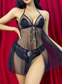 Dobby Mesh Halter Slips With Panty - Black - View 5