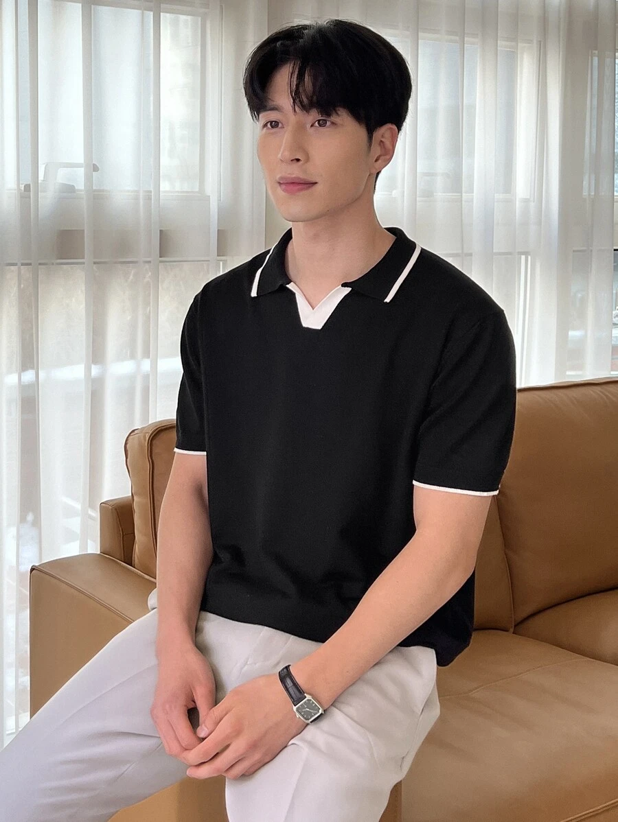 DAZY Men Contrast Trim Knit Top - Black - View 1