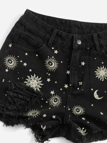 ROMWE Goth 太陽月亮圖案仿舊牛仔短褲 - 黑色 - 查看 2