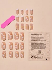 24入組長方形心形彩虹星雲印花假指甲&1入組指甲磨刀&1張壓克力自黏式指甲片，提升您的風格，為您的指甲保養提供必要的用品 - 彩色 - 查看 2