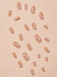 24入組長方形心形彩虹星雲印花假指甲&1入組指甲磨刀&1張壓克力自黏式指甲片，提升您的風格，為您的指甲保養提供必要的用品 - 彩色 - 查看 3