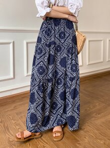 DAZY 佩斯利花纹围巾荷叶边半身裙度假装扮女装 - 藏蓝色 - 查看 1