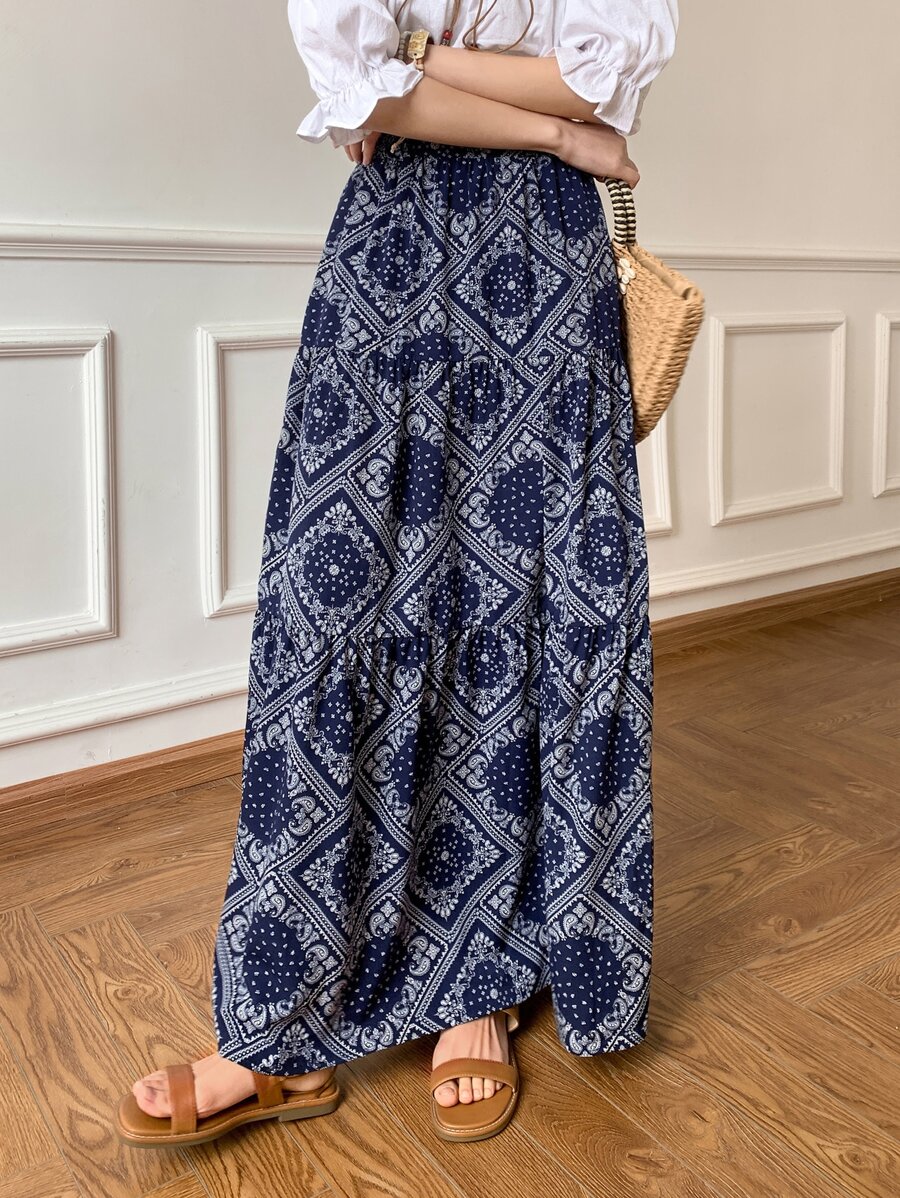 DAZY 佩斯利花纹围巾荷叶边半身裙度假装扮女装 - 藏蓝色 - 查看 1