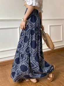 DAZY 佩斯利花纹围巾荷叶边半身裙度假装扮女装 - 藏蓝色 - 查看 3