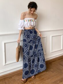 DAZY 佩斯利花纹围巾荷叶边半身裙度假装扮女装 - 藏蓝色 - 查看 5