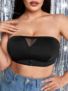 Plus Mesh Insert Hook And Eye Tube Bralet - Black - View 1