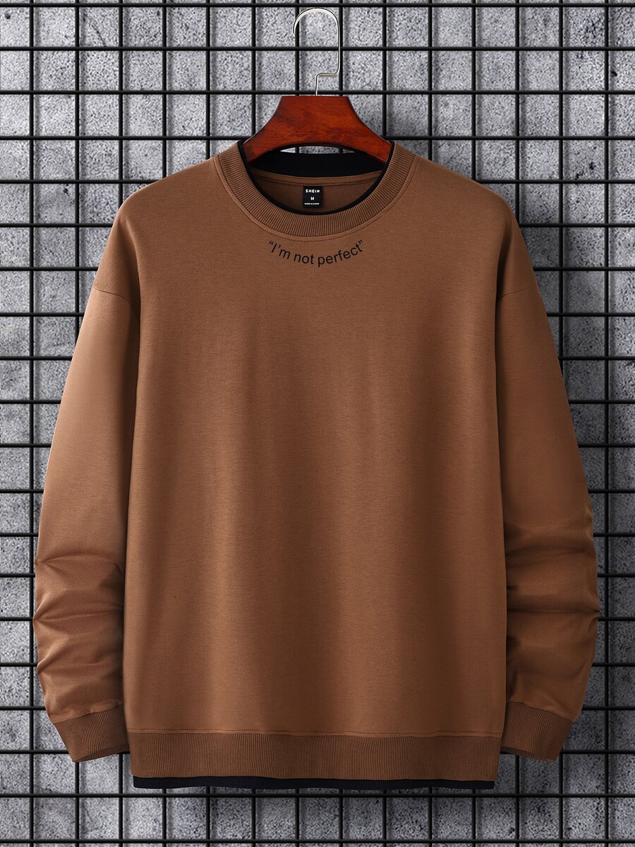 Manfinity Hombres Sudadera con estampado de slogan - Marrón - Ver 1