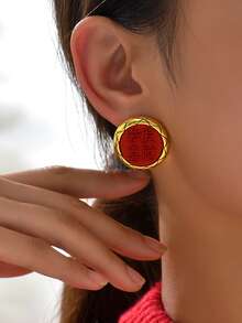 Chinese Character Detail Stud Earrings - Multicolor - View 2