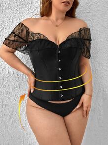 Corsé con encaje en contraste de hombros descubiertos ribete con fruncido - Negro - Ver 1