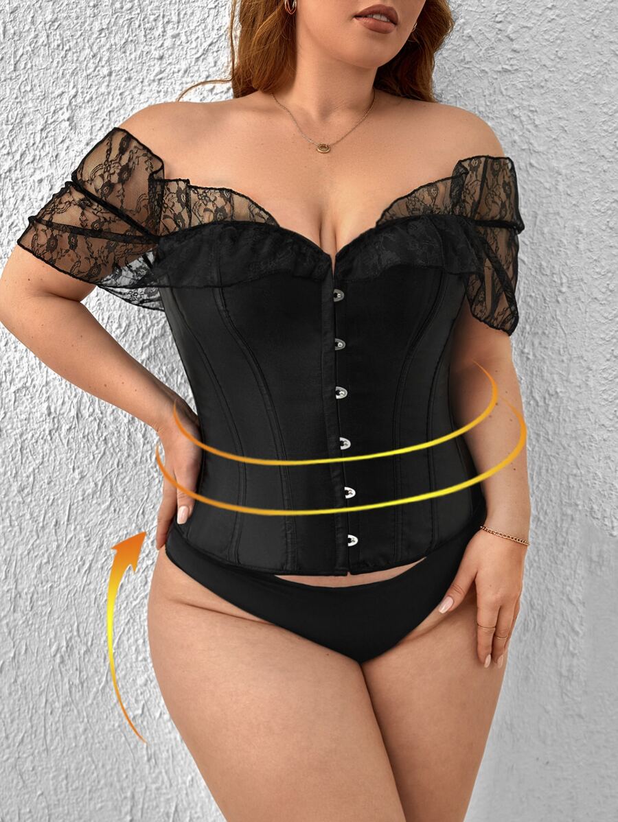 Corsé con encaje en contraste de hombros descubiertos ribete con fruncido - Negro - Ver 1