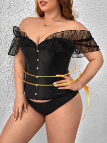 Corsé con encaje en contraste de hombros descubiertos ribete con fruncido - Negro - Ver 3