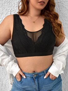 Lencería de talla grande con brassiere de encaje y malla de contraste, inalámbrico y semi-transparente