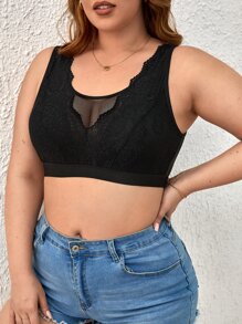Lencería de talla grande con brassiere de encaje y malla de contraste, inalámbrico y semi-transparente