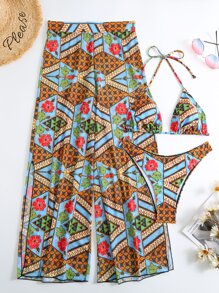 Allover Print Halter Triangle Summer Beach Bikini Set With Cover Up - Multicolor - View 5