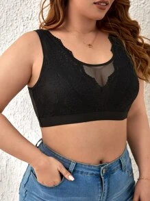 Lencería de talla grande con brassiere de encaje y malla de contraste, inalámbrico y semi-transparente