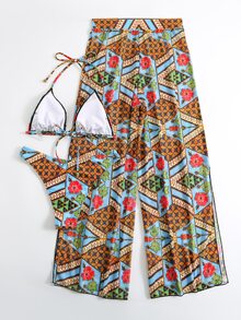 Allover Print Halter Triangle Summer Beach Bikini Set With Cover Up - Multicolor - View 6
