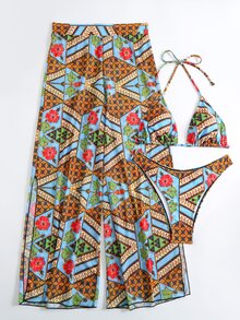 Allover Print Halter Triangle Summer Beach Bikini Set With Cover Up - Multicolor - View 4
