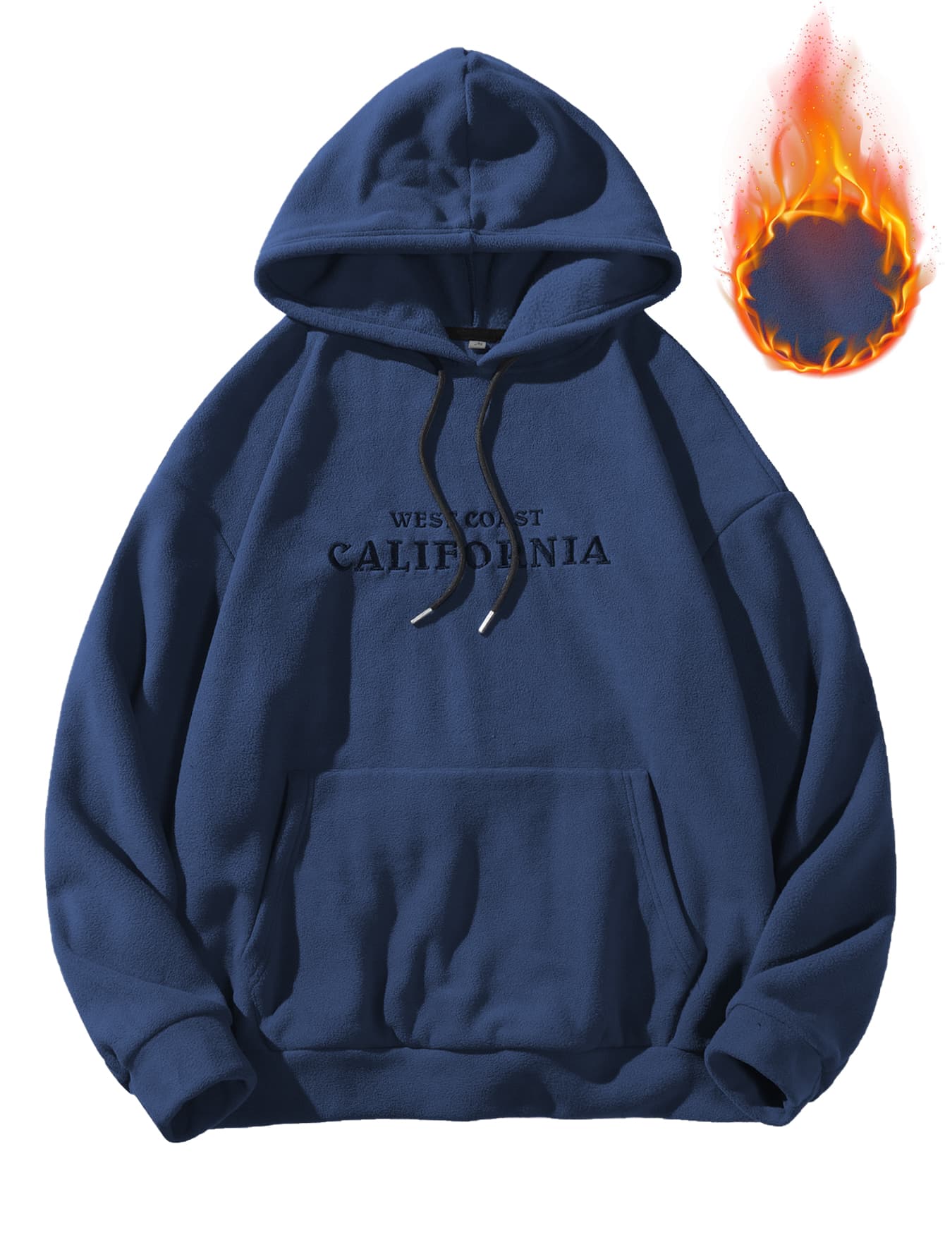 Chillumni Loose Fit Men's Letter Embroidered Kangaroo Pocket Drawstring Thermal Hoodie - Navy Blue - View 1