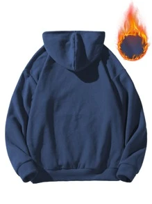 Chillumni Loose Fit Men's Letter Embroidered Kangaroo Pocket Drawstring Thermal Hoodie - Navy Blue - View 2