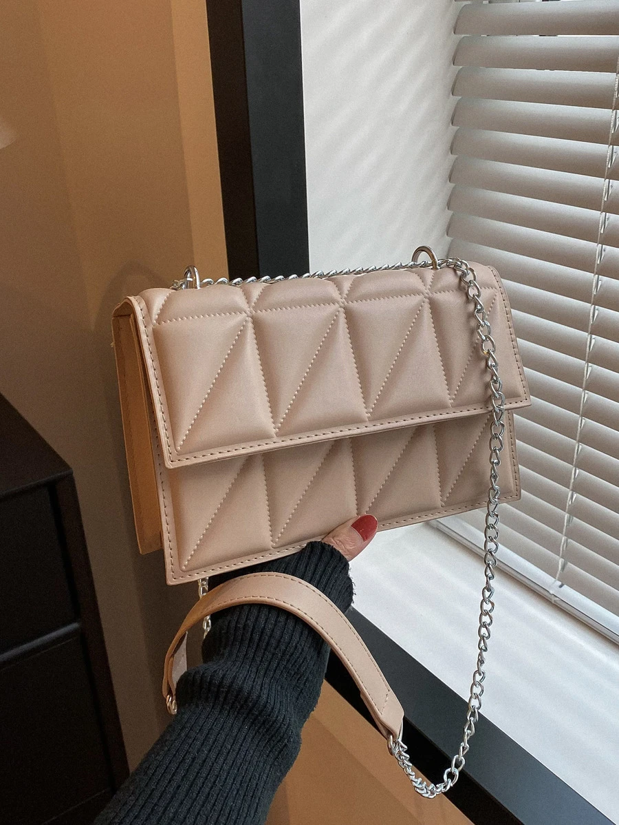 極簡風格絎縫圖案鏈條方包 - 卡其色 - 查看 1