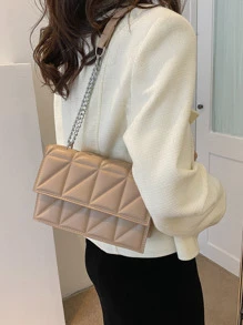 極簡風格絎縫圖案鏈條方包 - 卡其色 - 查看 2