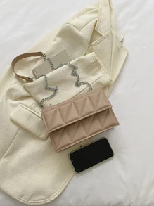 極簡風格絎縫圖案鏈條方包 - 卡其色 - 查看 4