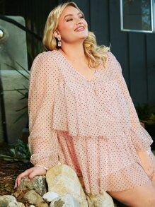 SHEIN CURVE+ Plus Polka Dot Ruffle Hem Mesh Overlay Blouse - Coral Pink - View 7