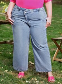 SHEIN CURVE+ Plus Stepped Waist Wide Leg Jeans - Light Wash - View 3