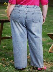 SHEIN CURVE+ Plus Stepped Waist Wide Leg Jeans - Light Wash - View 4