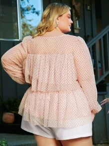SHEIN CURVE+ Plus Polka Dot Ruffle Hem Mesh Overlay Blouse - Coral Pink - View 6