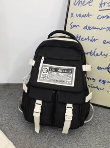 shinaier Letter Patch Functional Backpack - Black and White - View 1