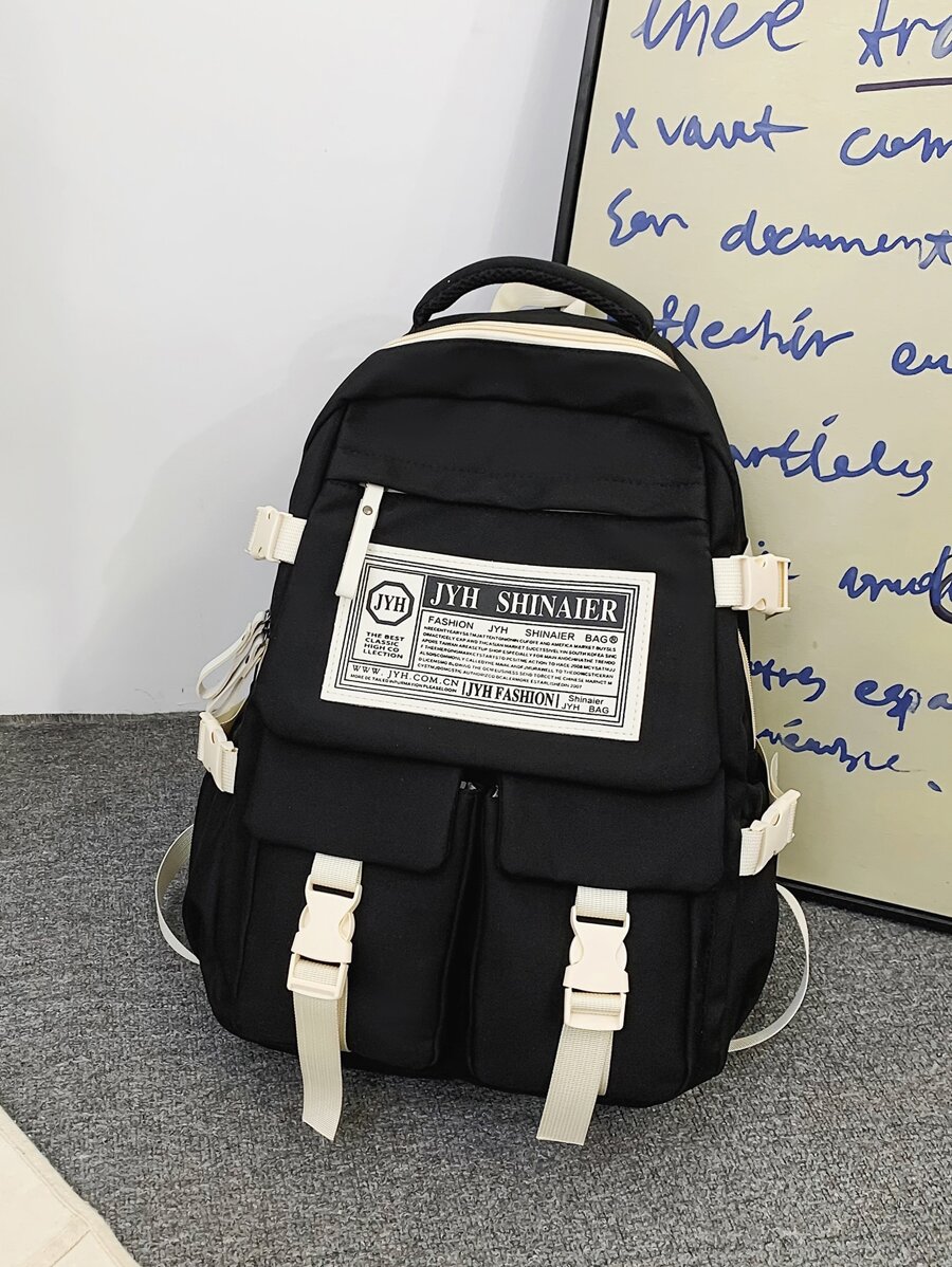 shinaier Letter Patch Functional Backpack - Black and White - View 1