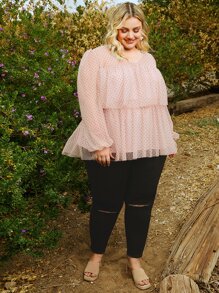 SHEIN CURVE+ Plus Polka Dot Ruffle Hem Mesh Overlay Blouse - Coral Pink - View 5