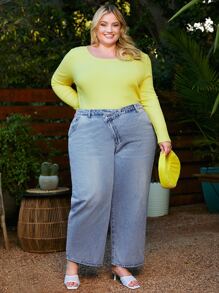 SHEIN CURVE+ Plus Stepped Waist Wide Leg Jeans - Light Wash - View 2
