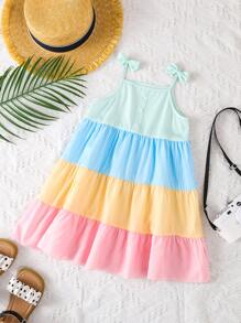 Vestido De Tirantes Con Dobladillo Con Volantes Y Decoración De Lazo Para Niña - Multicolor - Ver 1