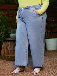 SHEIN CURVE+ Plus Stepped Waist Wide Leg Jeans - Light Wash - View 5