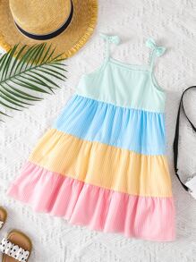 Vestido De Tirantes Con Dobladillo Con Volantes Y Decoración De Lazo Para Niña - Multicolor - Ver 2