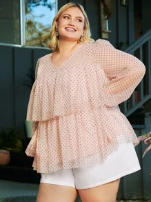 SHEIN CURVE+ Plus Polka Dot Ruffle Hem Mesh Overlay Blouse - Coral Pink - View 4