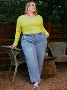 SHEIN CURVE+ Plus Stepped Waist Wide Leg Jeans - Light Wash - View 6