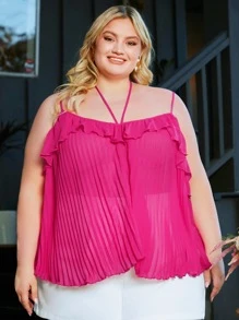 SHEIN CURVE+ Plus Ruffle Trim Pleated Cami Top - Hot Pink - View 1