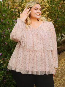 SHEIN CURVE+ Plus Polka Dot Ruffle Hem Mesh Overlay Blouse - Coral Pink - View 2