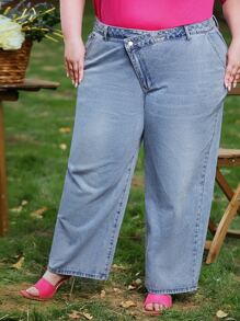 SHEIN CURVE+ Plus Stepped Waist Wide Leg Jeans - Light Wash - View 1