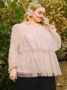 SHEIN CURVE+ Plus Polka Dot Ruffle Hem Mesh Overlay Blouse - Coral Pink - View 3