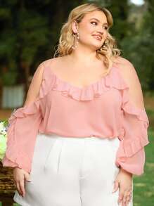 SHEIN CURVE+ Top de hombros descubiertos ribete con fruncido de manga farol - Rosa coral - Ver 1
