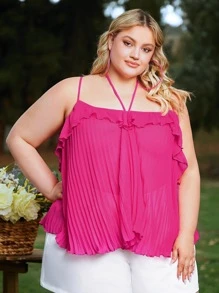 SHEIN CURVE+ Plus Ruffle Trim Pleated Cami Top - Hot Pink - View 5