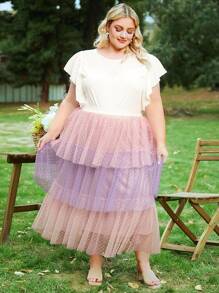 SHEIN CURVE+ Plus Dobby Mesh Overlay Layer Hem Skirt - Multicolor - View 8