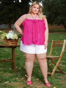 SHEIN CURVE+ Plus Ruffle Trim Pleated Cami Top - Hot Pink - View 6