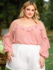 SHEIN CURVE+ Top de hombros descubiertos ribete con fruncido de manga farol - Rosa coral - Ver 4