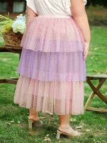 SHEIN CURVE+ Plus Dobby Mesh Overlay Layer Hem Skirt - Multicolor - View 2