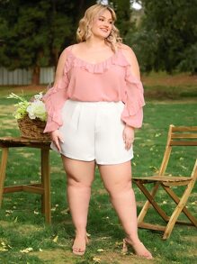 SHEIN CURVE+ Top de hombros descubiertos ribete con fruncido de manga farol - Rosa coral - Ver 6